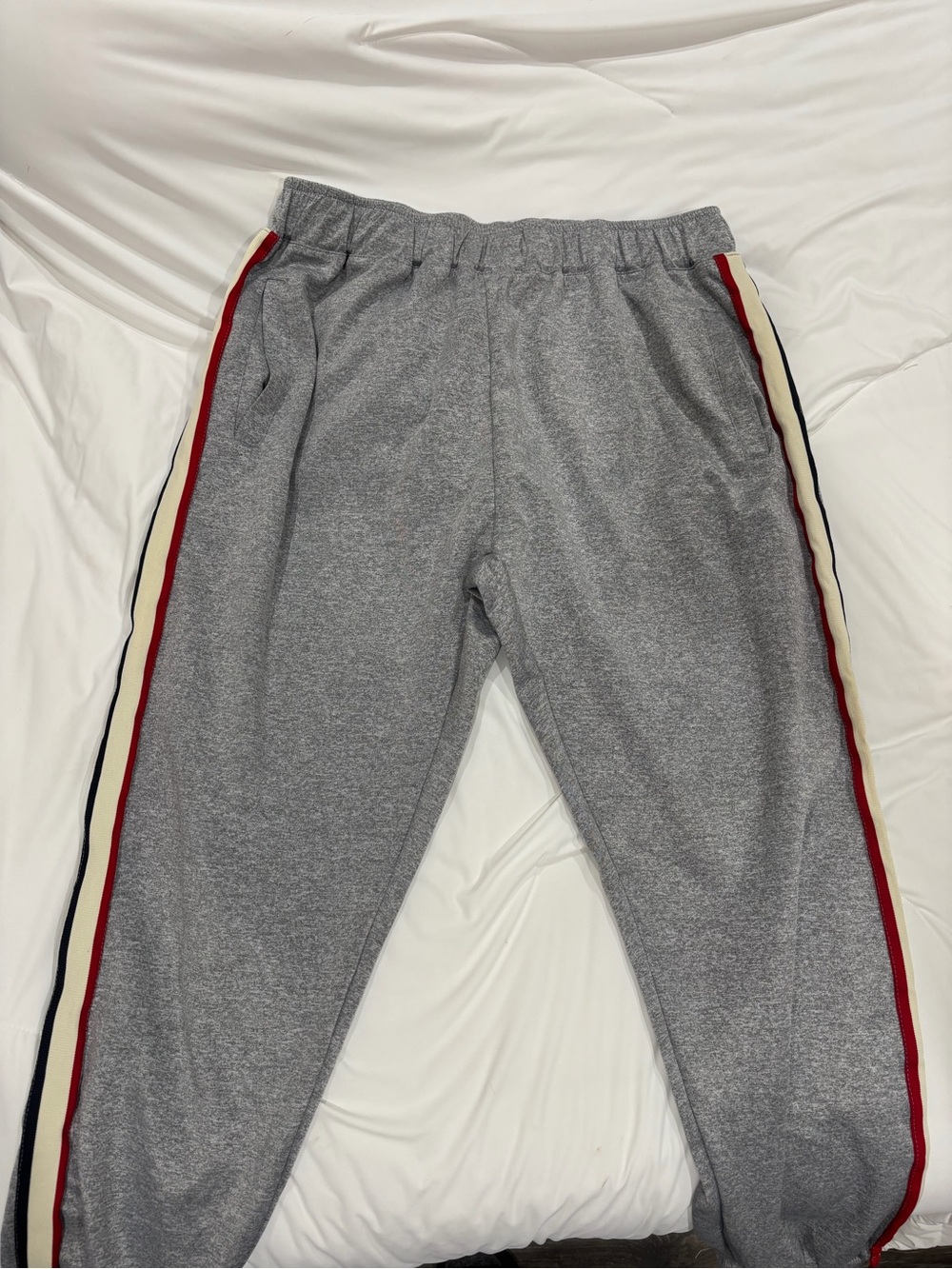 Gray Men’s Track Pants with Red & Cream Side Stripes